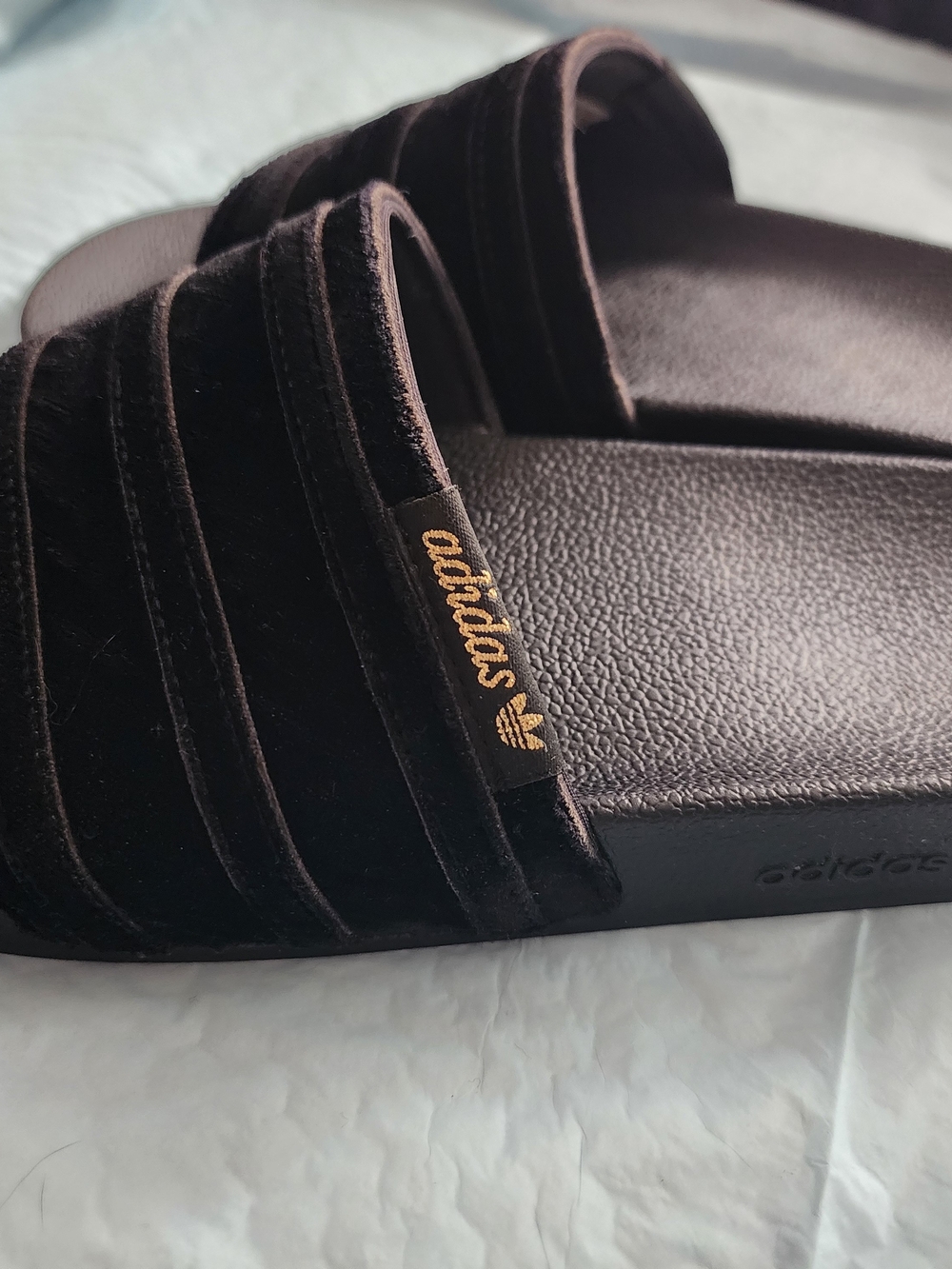 adidas Black Velvet Slide Sandals with Gold Logo
